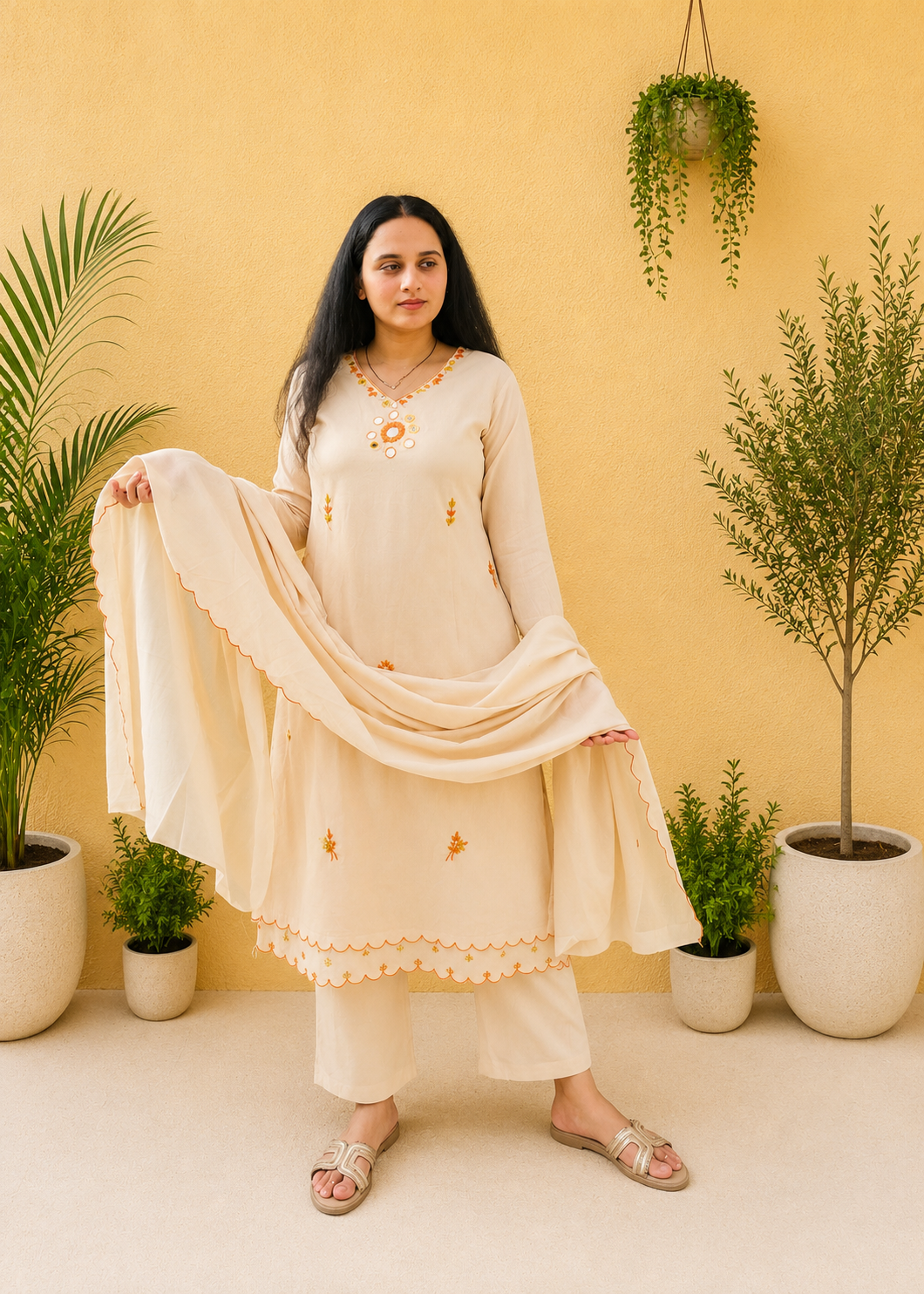 Ivory Scallop Border Suit Set