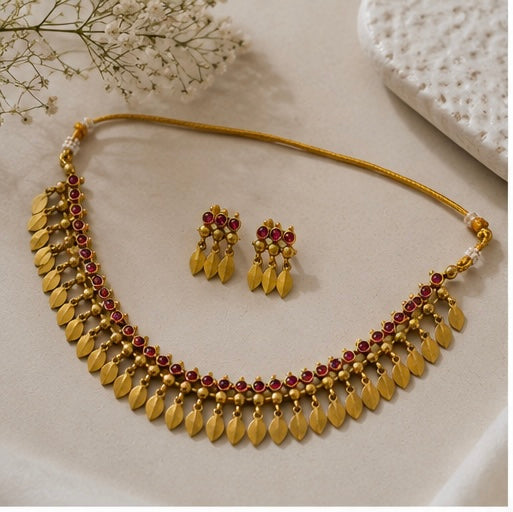 Ruby Leaf Drop Necklace Set with Matching Earrings
