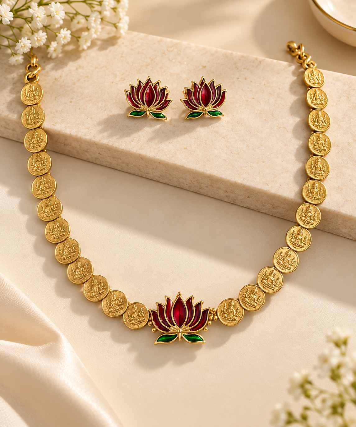 Lotus Lakshmi Coin Temple Necklace Set – Gold-Tone Jewellery
