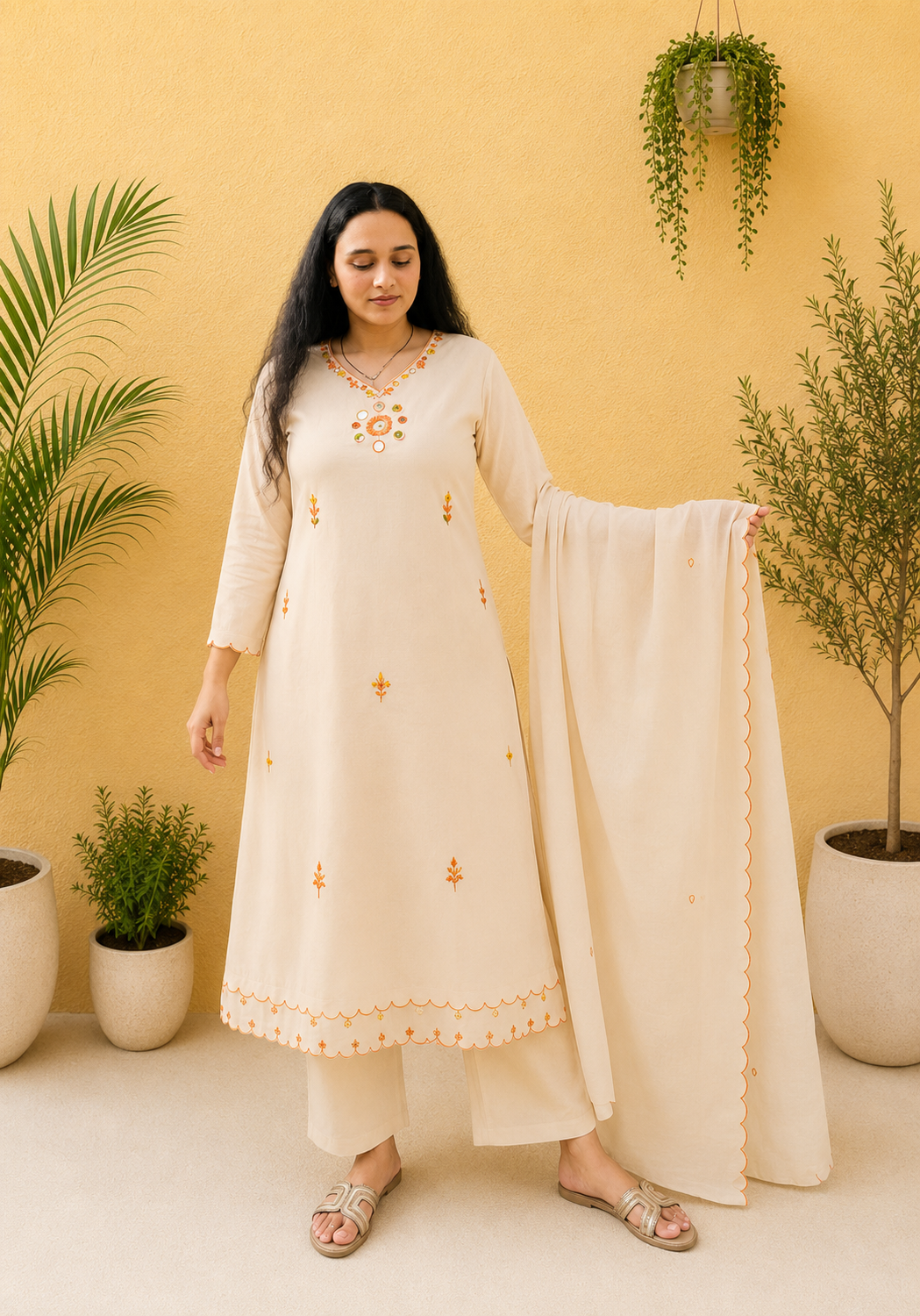 Ivory Scallop Border Suit Set