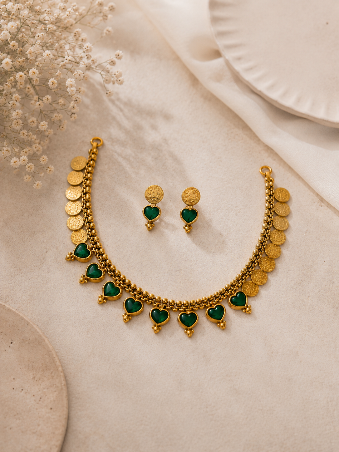 Emerald Green Heart & Coin Necklace Set with Matching Earrings