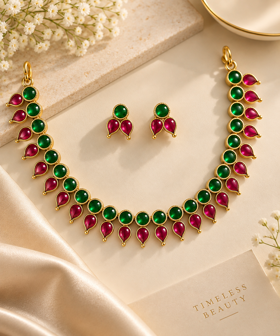 Ruby Emerald Teardrop Necklace Set – Gold-Tone Jewellery