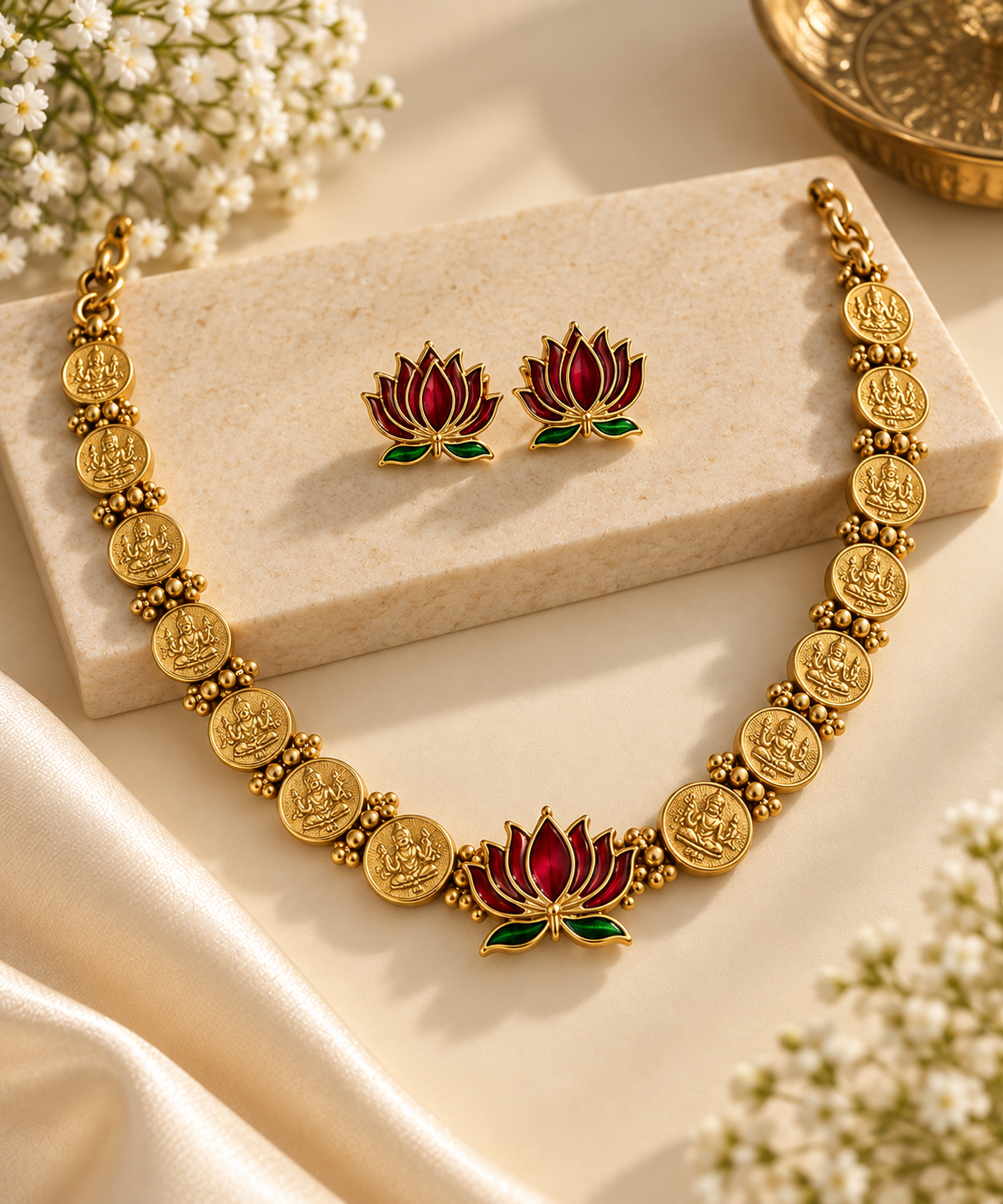 Lotus Lakshmi Coin Temple Necklace Set – Gold-Tone Jewellery