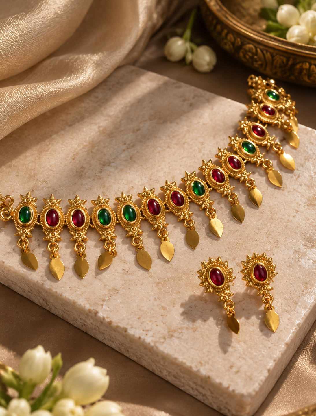ELAKKATHALI Royal Ruby Emerald Choker Set – Gold-Tone Leaf Drop Jewellery