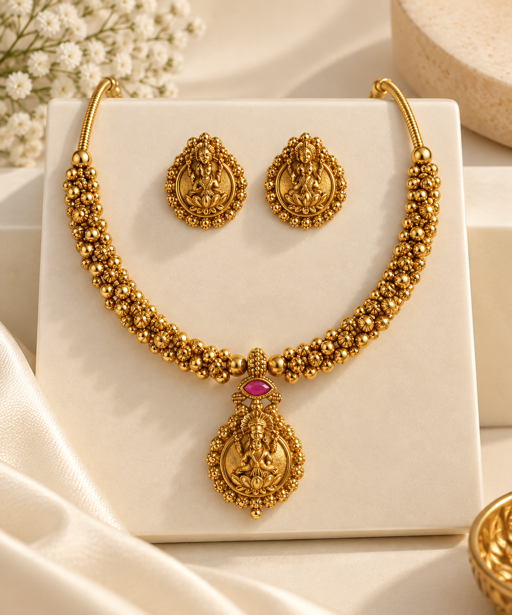 Lakshmi Temple Heritage Choker Set – Gold-Tone Floral Jewellery