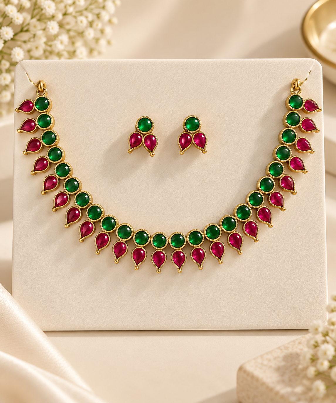Ruby Emerald Teardrop Necklace Set – Gold-Tone Jewellery