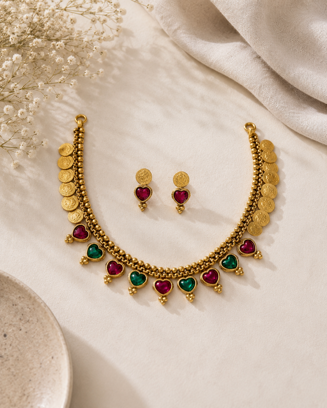Ruby Green Heart & Coin Necklace Set – Traditional Gold-Tone Jewellery