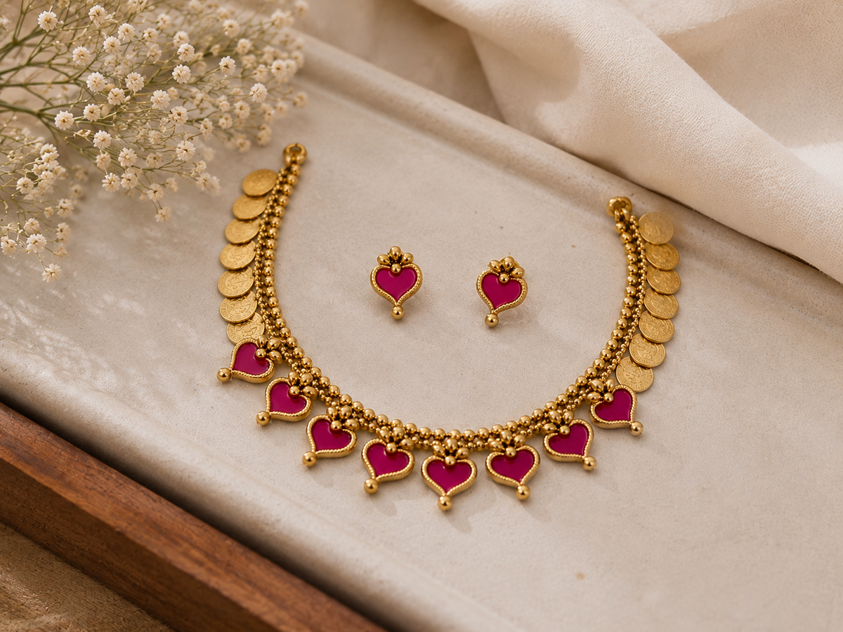 Rani Pink Heart & Coin Necklace Set with Matching Earrings