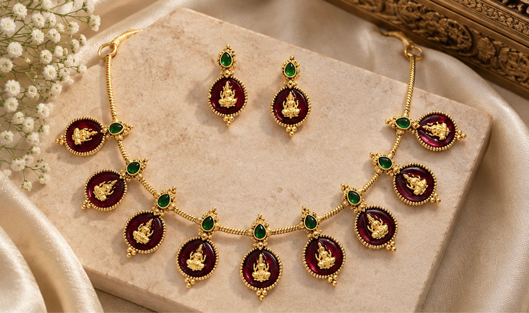 Maroon &  Lakshmi Temple Necklace Set – Gold-Tone Jewellery