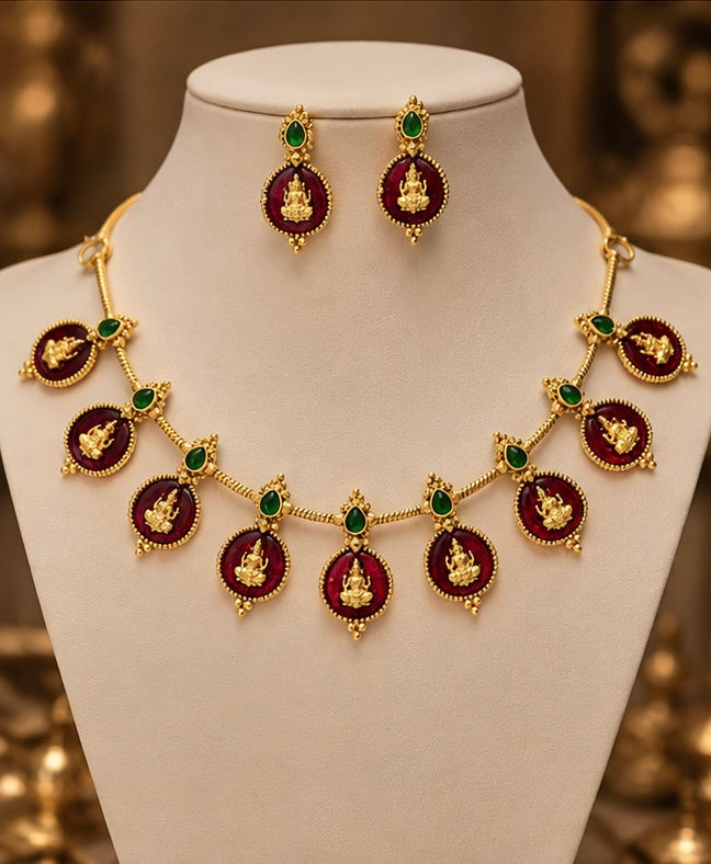 Maroon &  Lakshmi Temple Necklace Set – Gold-Tone Jewellery