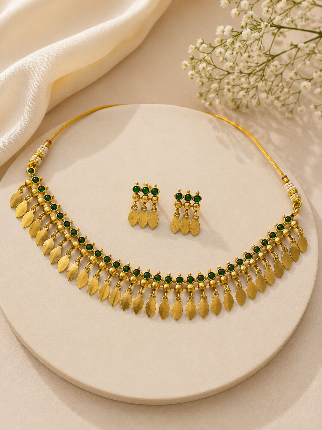 Green Stone Leaf Drop Necklace Set with Matching Earrings