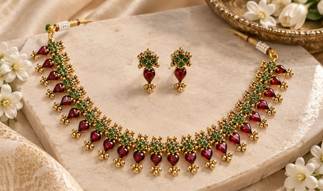 Deep Red Heart Drop Necklace Set – Green Stone Gold-Tone Jewellery