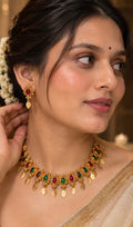 ELAKKATHALI Royal Ruby Emerald Choker Set – Gold-Tone Leaf Drop Jewellery