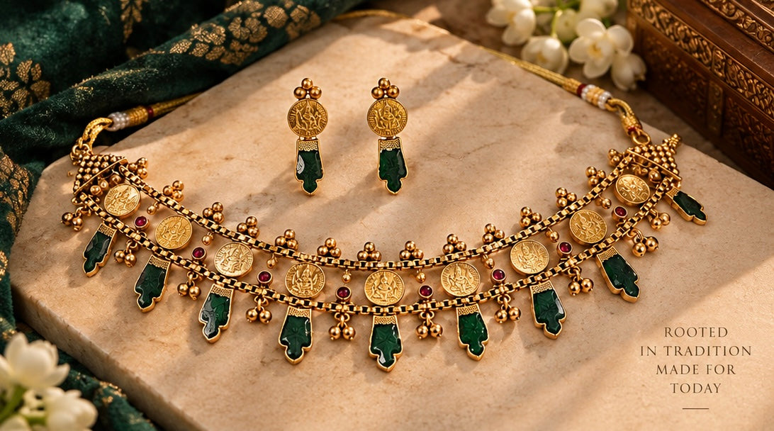 Traditional Coin Temple Necklace Set – Emerald Green & Maroon Gold-Tone Jewellery