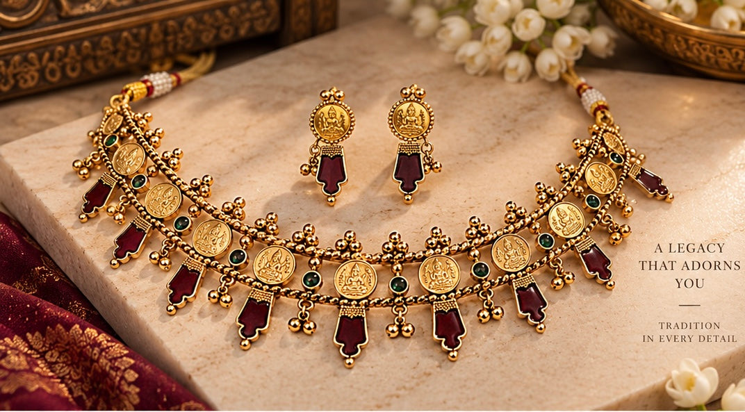 Traditional Coin Temple Necklace Set – Emerald Green & Maroon Gold-Tone Jewellery