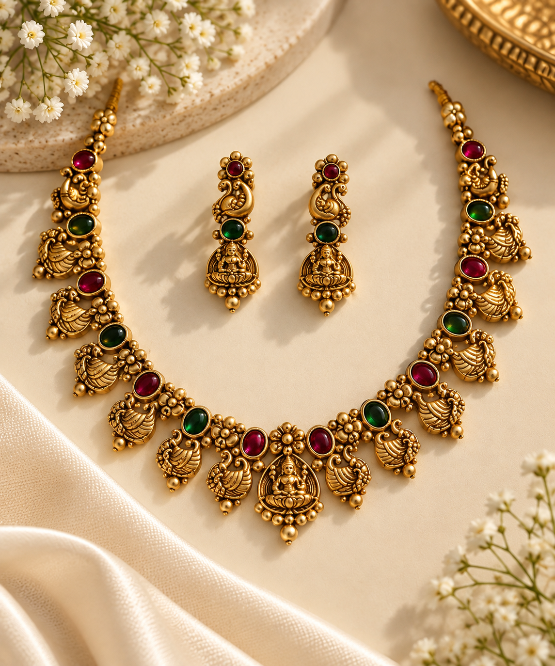 Peacock & Lakshmi Ruby Emerald Temple Necklace Set with Earrings