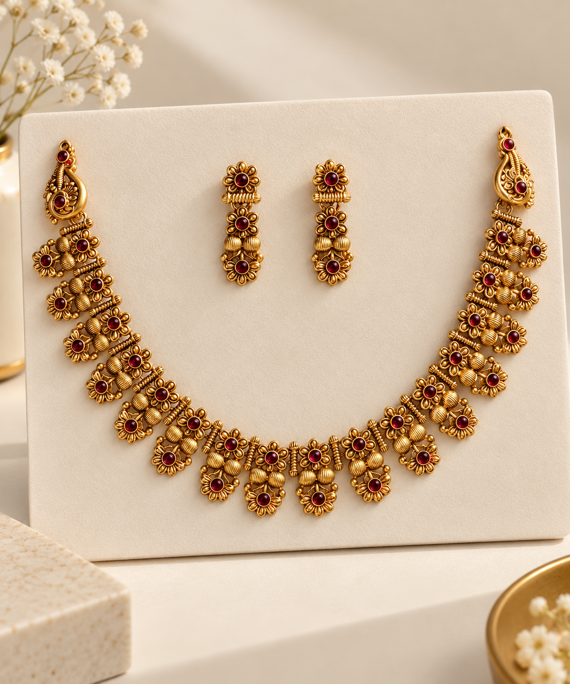 Heritage Floral Temple Necklace Set – Ruby & Emerald Gold-Tone Jewellery