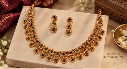 Heritage Floral Temple Necklace Set – Ruby & Emerald Gold-Tone Jewellery