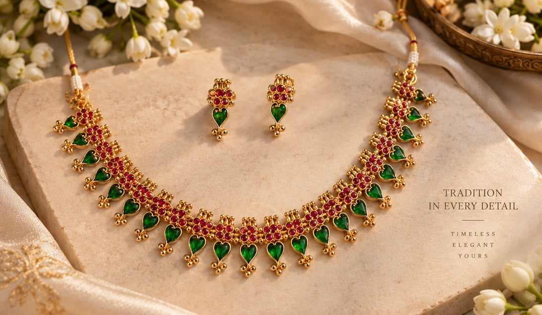 Ruby Emerald Floral Heart Necklace Set – Traditional Gold-Tone Jewellery